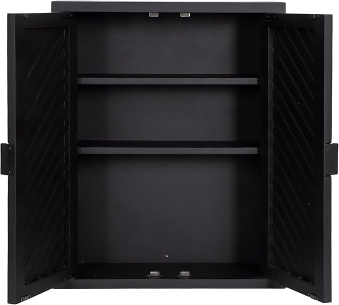 Kate and Laurel Mezzeta Decorative Modern Two-Door Floating Bathroom Cabinet; 22 x 7 x 28; Black; Decorative Over Toilet Storage Cabinet Made from Solid Mango Wood with Slatted Chevron Design