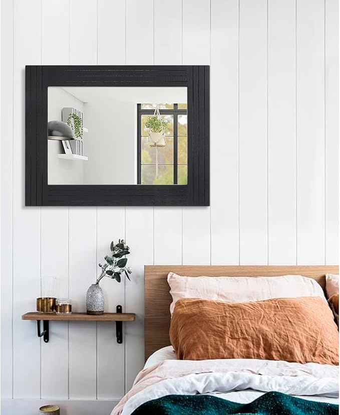 Black Rectangular Vintage Rustic Wood Framed Large Mirror - Deco Farmhouse Living Room Bathroom Bedroom Entrance - 26" x 18"