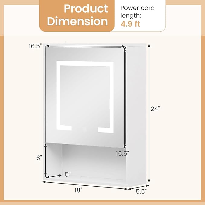Giantex 24"x18" Medicine Cabinet with Mirror and Lights, Recessed or Wall Mounted LED Bathroom Wall Cabinet, Modern Storage Organizer with 3 Color Lights and Adjustable Shelf (White)