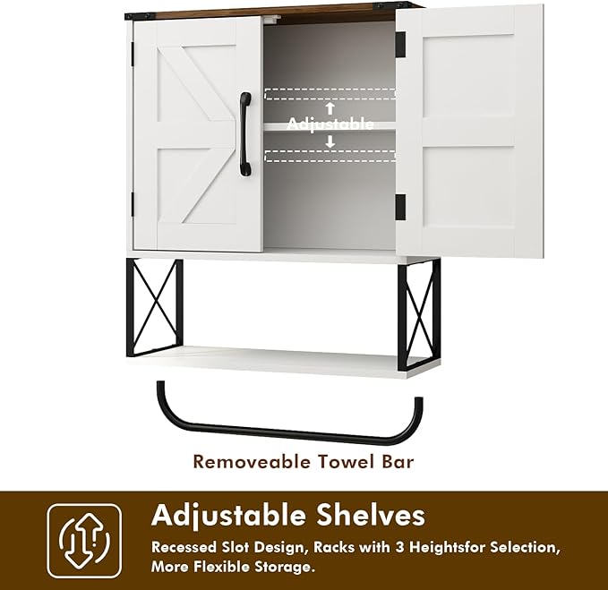 RUSTOWN Farmhouse Medicine Cabinet with 2 Barn Door, Boho Wood Wall Mounted Storage Cabinet with Adjustable Shelf and Towel Bar, 3-Tier Bathroom Cabinet for Bathroom (White and Walnut)