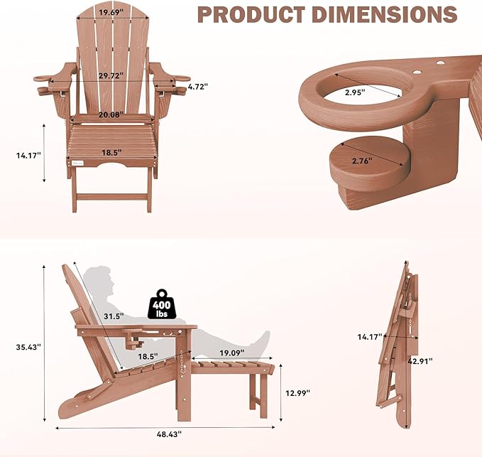 Mdeam 3-Level Adjustable Adirondack Chair with Retractable Ottoman, HDPE All-Weather Folding Fire Pit Chair with 2 Cup Holders, Outdoor Chair for Deck Patio Garden Backyard Lawn (Teak)