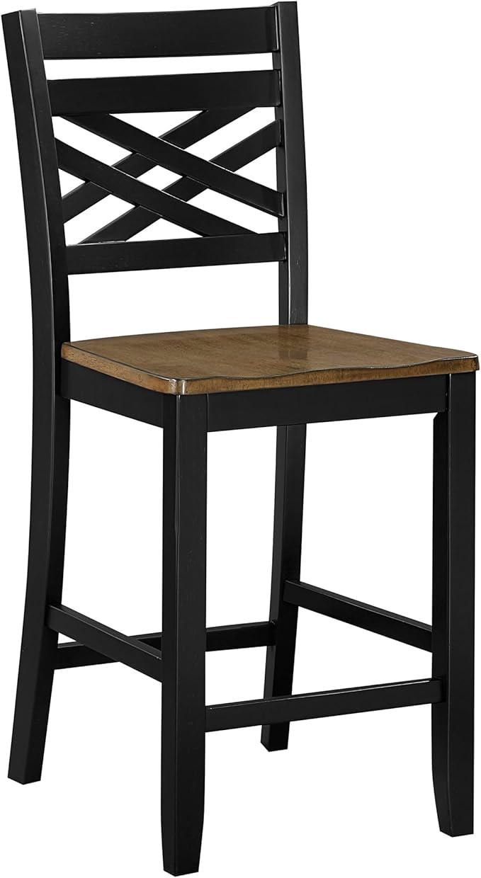 Lexicon 5 Piece Counter Height Dining Set for 4 - Acacia Veneer Wood Table Round with Storage Shelf and Cross Back Chairs, Dining Room Small Kitchen Table Set for 4, Two-Tone Finish (Brown and Black)