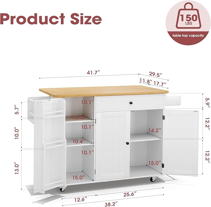 GRUSIGN Kitchen Island with Storage, 41.7" Rolling Cart with Drop Leaf, Portable Island Table on Wheels, Spice Rack, Towel Rack and Drawer, White, 41.7" L x 29.5" W