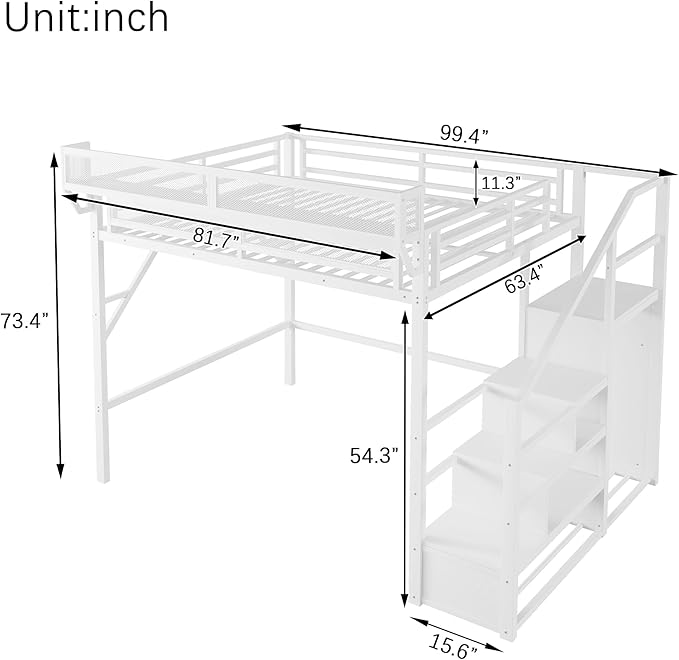 KEIKI Queen Size Metal Loft Bed Frame with Convertible Staircase, Built-in Storage Shelves and Wardrobe, Loft Bed with Solid Slats, Guardrail, No Box Spring Required, Easy Assembly, for Bedroom, White