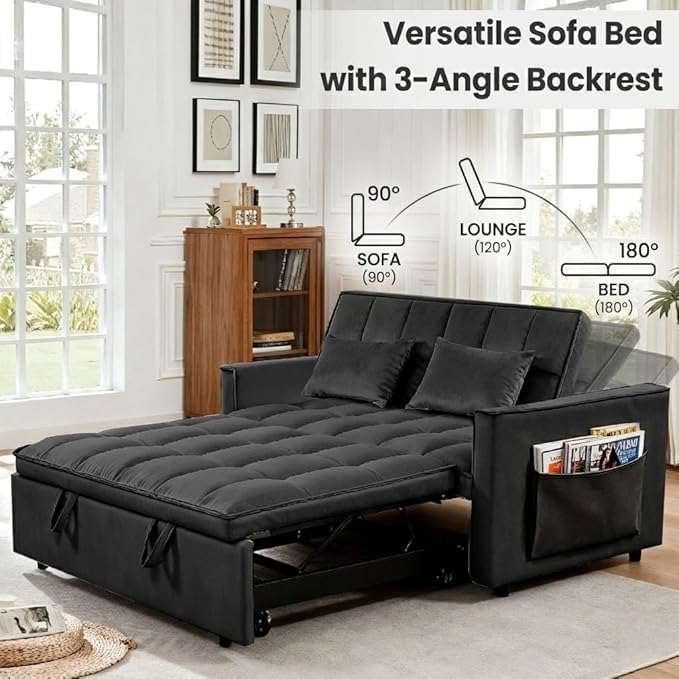 3 in 1 Convertible Sleeper Sofa Bed, Velvet Fabric Loveseat Sofa Bed with Adjustable Backrest & Large Side Pockets, Pull Out Couch for Small Spaces, Apartment, Living Room, Black