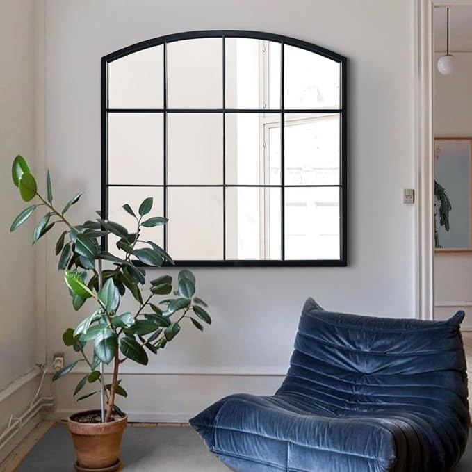 WAMIRRO Window Pane Black Mirror,Farmhouse Arched Wall Mirror,Mantel Mirror for Fireplace/Entryway/Hallway/Living Room,36"X 36"