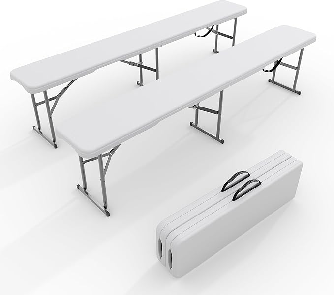 Garvee 6FT Folding Bench 2 Pack, Plastic Portable Folding Bench Seat with Carry Handle & Lock for in/Outdoor Activities, Picnic, Soccer, Caming Dining Seat, White