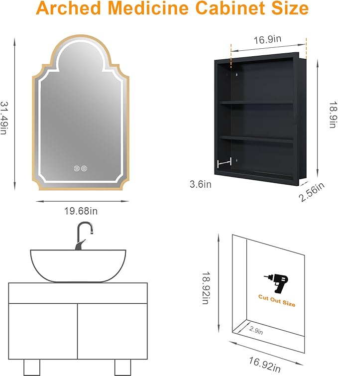20"x32" LED Medicine Cabinet with Mirror, Recessed or Surface Mount Medicine Cabinets for Bathroom, Full Metal, Decorative Art Arched Mirror with Storage, 2 Shelves and 1 Organizer Box, Bling Gold