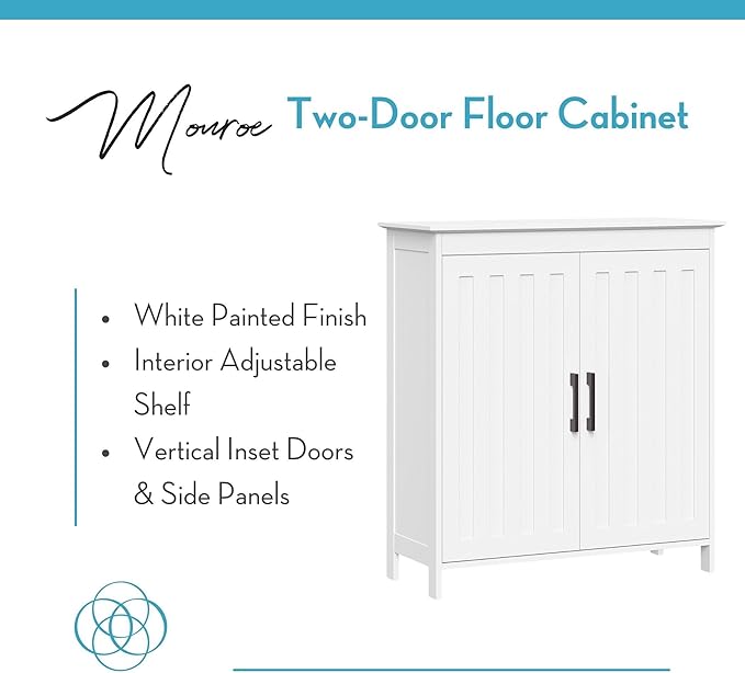 RiverRidge Monroe Two-Door Floor Storage Cabinet - Bathroom Storage Cabinet with Adjustable Shelves - Soft-Close Doors White Finish with Matte Black Handles