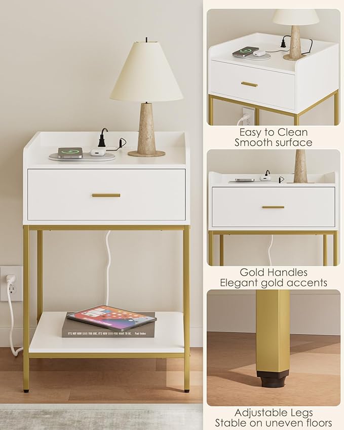 Masupu Nightstand with Charging Station, 3-Tier Modern Bedside Night Stand with Storage Drawer and Shelf, Large End Side Table for Bedroom, Living Room,White