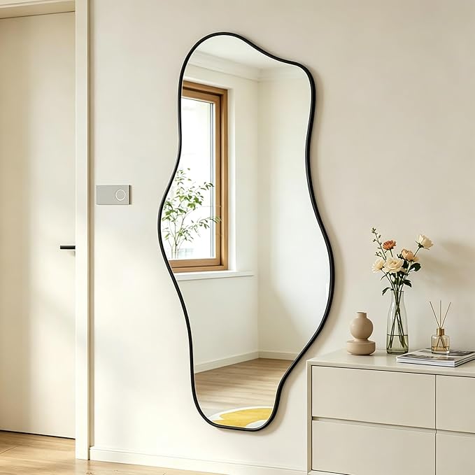 Large Irregular Mirror, 55"x25.6" Asymmetrical Aesthetic Wall Mirror with Metal Frame, Modern Organic Shaped Mirrors for Living Room Bedroom Hallway Entryway, Horizontal or Vertical Hanging