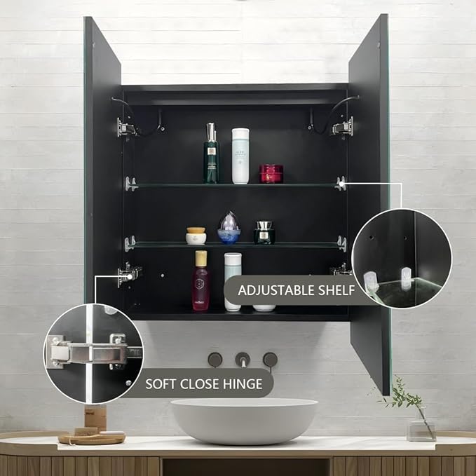 LED Medicine Cabinet with Light,Recessed Mirror Cabinet for Bathroom,3 Color Temperature,Dimmable,Demister,Detachable Side Plate for Recess Mount or Surface Mount,24inch×28inch