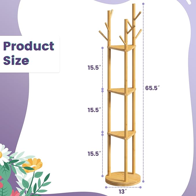 Rotating Coat Rack, Freestanding Coat Rack with 3 Shelves and 9 Hooks Clothes Organizer Coat tree for Bedroom, Entryway, Livingroom (Natural)