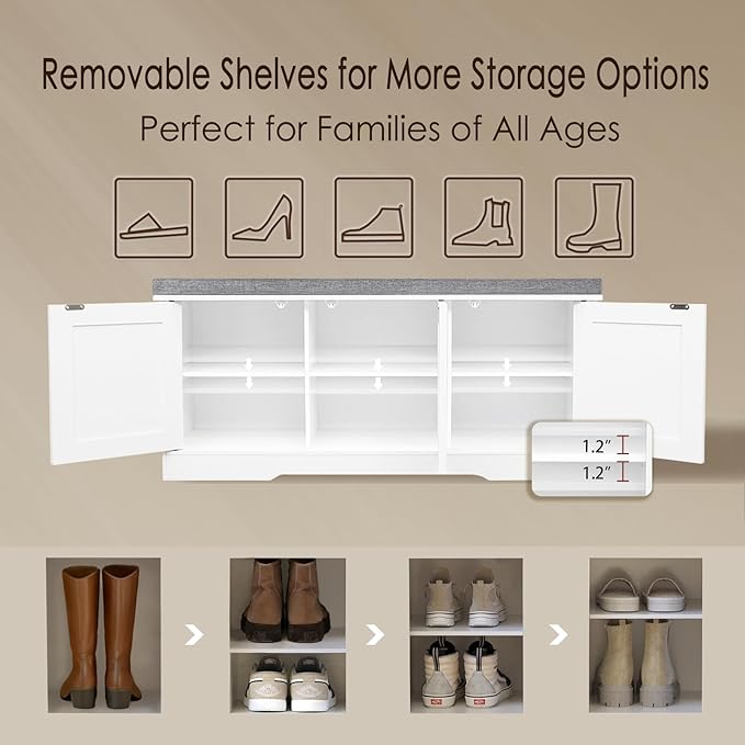 DINZI LVJ Shoe Bench, Entryway Storage Bench with Doors, Cushion, 2-Tier Shoe Rack with 6-Cubby, 39.4”L x 13.8”W Shoe Organizer Cabinet, Adjustable Shelf, Living Room, Bedroom, White