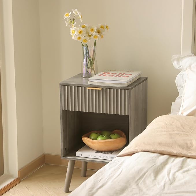 Fultyle Mid Century Modern Nightstand, Wood Bedside Table with Drawer and Opening Storage, End Table Living Room Fluted Night Stand with Solid Wood Legs for Bedroom (Grey)
