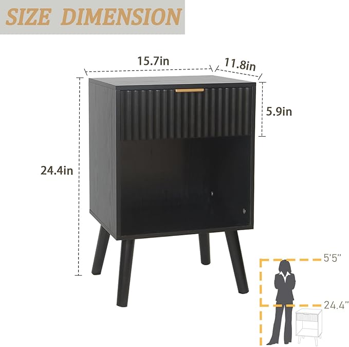 Fultyle Black Fluted Nightstand, Modern Bedside Table with Drawer and Opening Storage, End Side Table Living Room with Solid Wood Legs for Bedroom (Black)