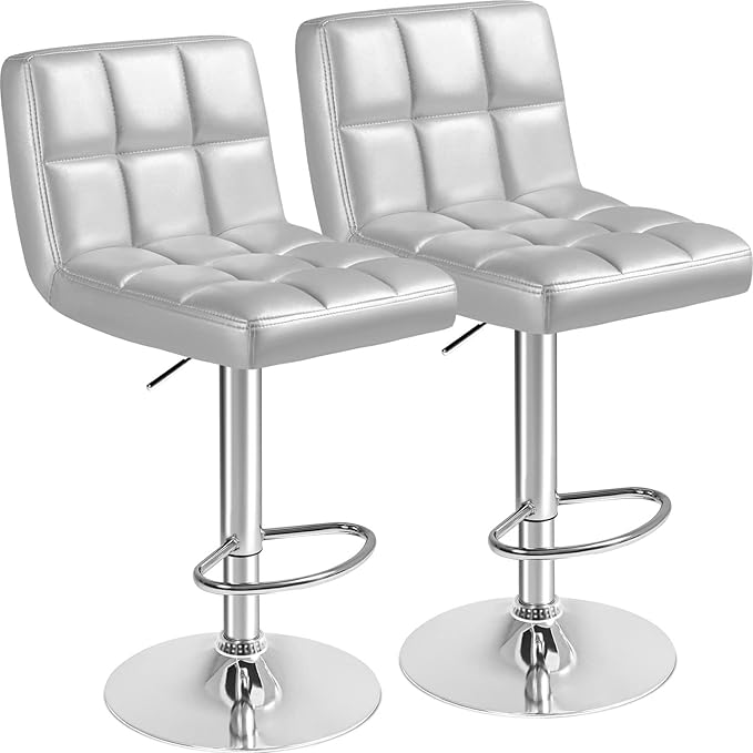 Furmax Bar Stools Modern Pu Leather Swivel Adjustable Hydraulic Bar Stool Square Counter Height Stool Set of 2 (Sliver)