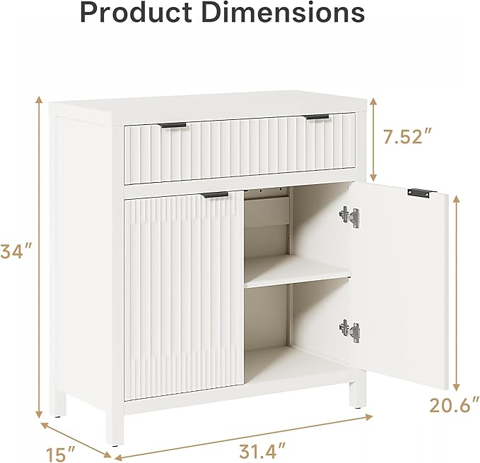 FLOWBACK Buffet Cabinet with Storage,Modern Credenza with Fluted Doors & Shelves Coffee Bar Media Console Accent Cabinets for Living Room, Entryway (White, 2 Door + 1 Drawer(2 Piece))
