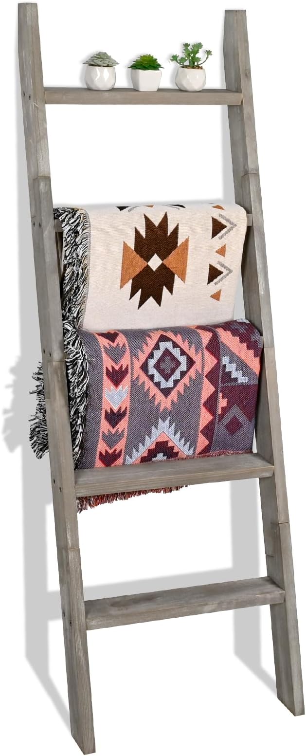 FUIN 5ft (58") Wood Blanket Ladder Living Room Decorative Wall Leaning Farmhouse Quilt Display Holder Shelf Rustic Wooden Towel Rack for Bathroom, Grey