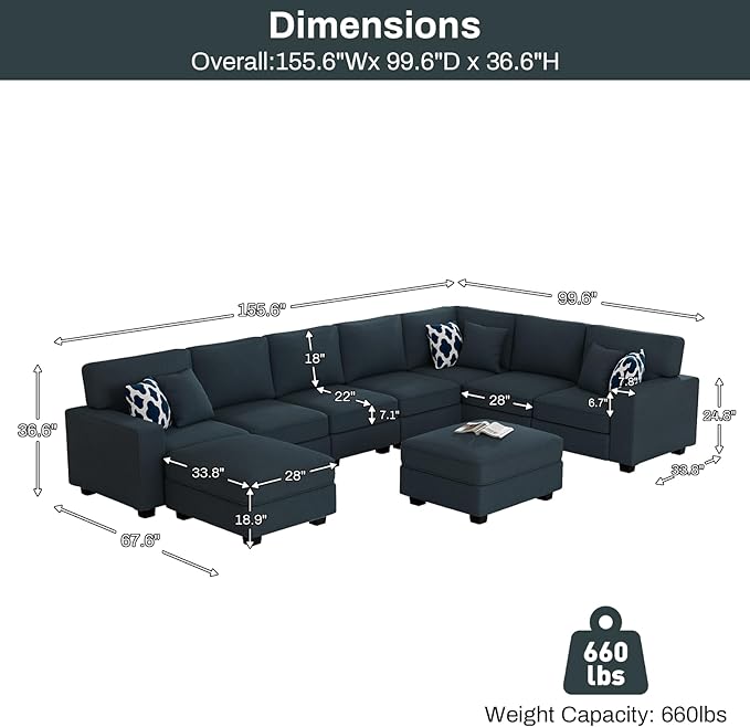 Legend Vansen Oversized Modular Sectional Sofa,U/L‑Shaped Reversible Couch with Ottoman,Deep Seat Plush Polyester Sofa for Living Room,9‑Seater,Charcoal