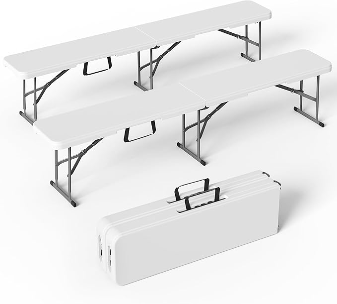 VSOAEIL 6 Foot Folding Bench, Portable Plastic Folding Bench Seat, Foldable Seat for Indoor Outdoor Picnic Camping Dining, Soccer Garden Multipurpose Entertaining Activities, White, 2 Pack