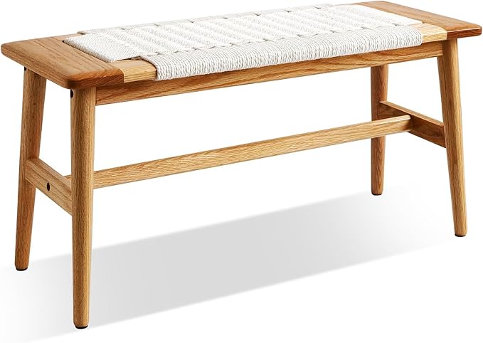 100% Solid Oak Farmhouse Entryway Bench, Wooden Bench Indoor with Hand Woven Rope Surface Design, Wood Bench for End of Bed with Solid Structure(Off-White, 31.49" Wx11.81 Dx15.98 H)