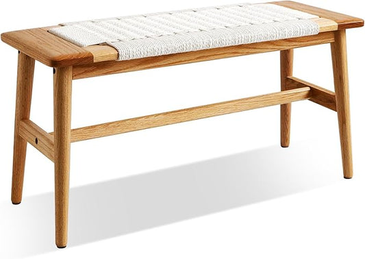 100% Solid Oak Farmhouse Entryway Bench, Wooden Bench Indoor with Hand Woven Rope Surface Design, Wood Bench for End of Bed with Solid Structure(Off-White, 31.49" Wx11.81 Dx15.98 H)