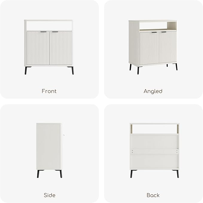 Fatmok Fluted Buffet Cabinet with Storage, 31.4" Wide Wood Sideboard Credenza with 2 Doors & Open Storage Shelf, Modern Coffee Bar Table for Living Room Kitchen Dining Room,White