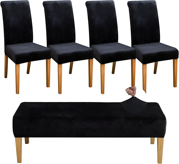 FORCHEER Black Velvet Dining Chair Covers with Bench Slipcover for Dining Room Stretch Dining Table Chair Covers 4 and A Bench Cover Removable Washable