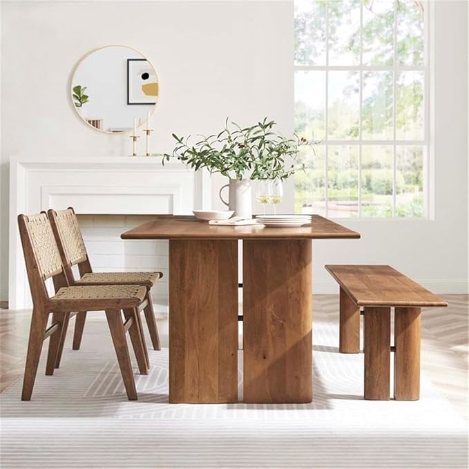 Modway Amistad 72" Solid Wood Modern Farmhouse Rectangular Dining Table and Bench Set in Walnut