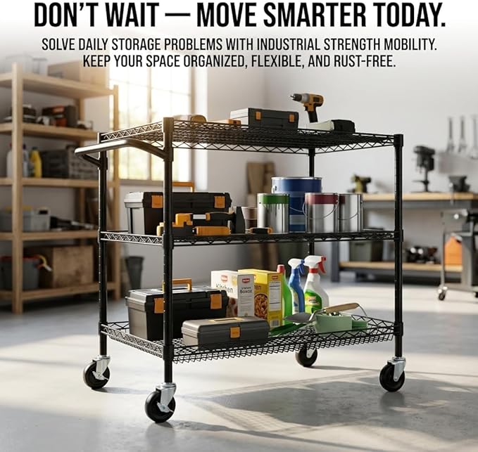 Finnhomy 3 Tier Heavy Duty Commercial Grade Utility Cart, Wire Rolling Metal Trolley with Handle Bar, Steel Kitchen Service Cart with Wheels, Food Storage Trolley on Wheels, NSF Listed, Black