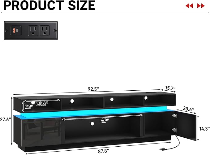 chartustriable LED TV Stand for 100 Inch TV, Modern Tall Entertainment Center with Power Outlets, High Gloss TV Stand, Gaming TV Media Console for Living Room, 93 Inch, Black