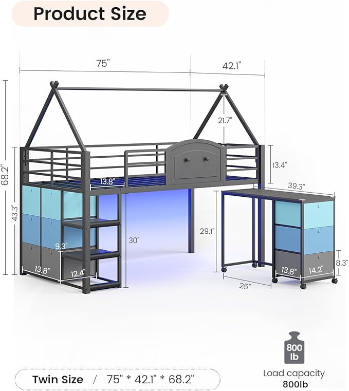 VIAGDO Twin Loft Bed with Desk and Storage for Kids, Metal Low Loft Bed Twin with 9 Drawers, 3-Tier Shelves, Led Lights, Safety Guardrail, No Box Spring Needed,Grey
