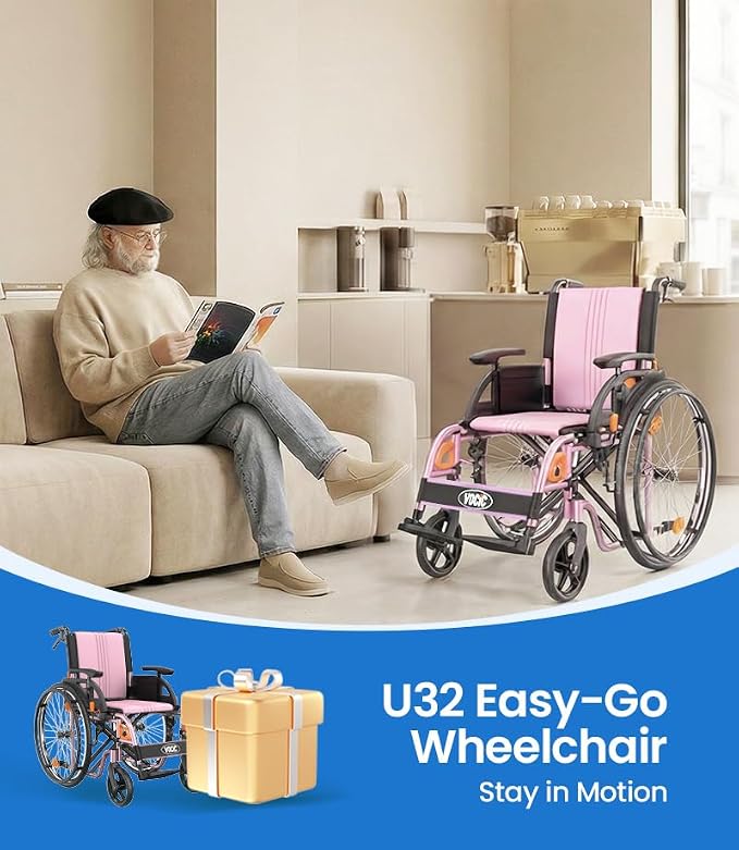VOCIC Ultra Lightweight Wheelchair for Adults, 23lb Frame Portable Foldable Self-Propelled Wheelchairs for Seniors with Quick Release Wheels, Swing-Away Footrests,Flip-Back Arm, 300 lbs Pink