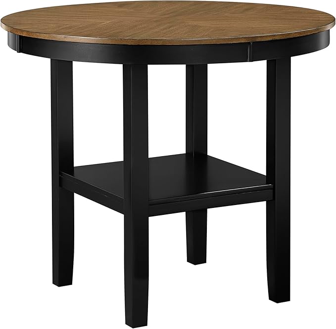 Lexicon 5 Piece Counter Height Dining Set for 4 - Acacia Veneer Wood Table Round with Storage Shelf and Cross Back Chairs, Dining Room Small Kitchen Table Set for 4, Two-Tone Finish (Brown and Black)