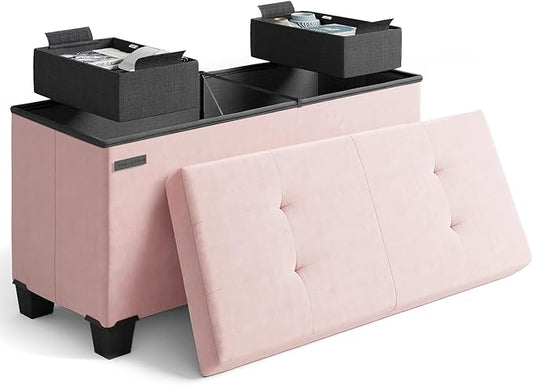 Storage Ottoman Bench with Bins, 30-in Storage Bench for Bedroom End of Bed, Folding Foot Rest Ottoman for Living Room Max 660lbs, Velvet Ottomans, Pink