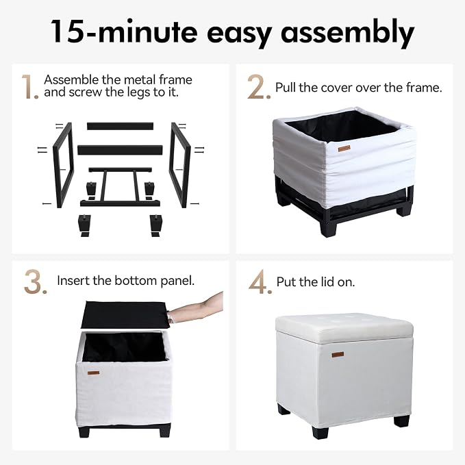 ABHENG Chenille Cover Steel Frame Ottoman with 48L Storage,17.7" x 17.7" x 17.7" Square Linen Storage Ottoman Stool Cube with Legs,for Dorm Livingroom White UASND641W