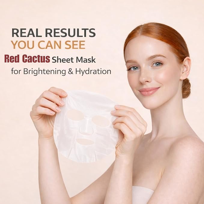 ELT Red Cactus Extract Sheet Mask 10 Pack (5,000 ppm) - Hydrating & Plumping Korean Face Mask with Hyaluronic Acid - Brightening & Anti-Aging Care, Vegan Korean Skincare (25g / 0.88 oz Each)