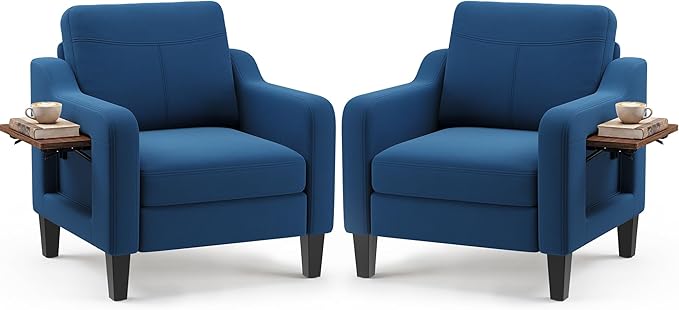 Accent Chairs Set of 2 for Living Room, Mid-Century Upholstered Armchair with Foldable Table & 2 Side Pockets, Modern Linen Wooden Sofa Chair for Bedroom & Reading Room, Blue