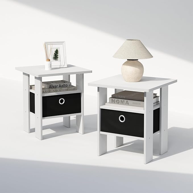 Furinno TIDUR Night Stand Set of 2, Open Shelf Design Nightstand with Storage Bin, Bedside Table, End Table, Side Table, for Bedroom, Closet, Dorm, White