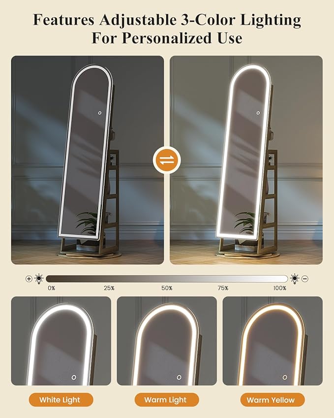 LVSOMT LED Mirror Jewelry Cabinet Standing, Lockable Jewelry Armoire with Arched Full-Length Mirror and Adjustable LED Lights, Space-Saving Jewelry Organizer with Mirror(LED Wood)