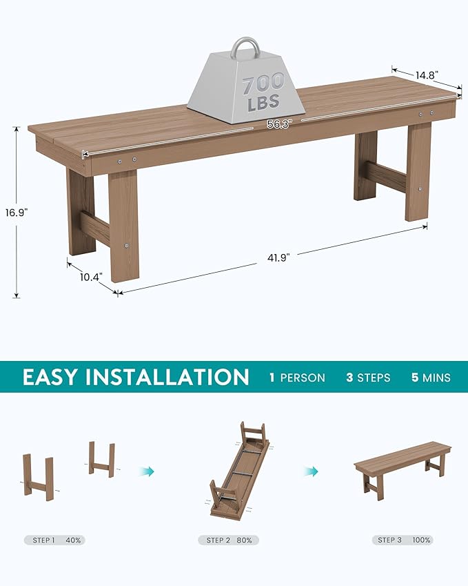 SERWALL 2-Person Outdoor Bench Backless, HDPE Outdoor Benches Weatherproof, 660 Lbs Weight Capacity, Poly Lumber Patio Furniture for Garden, Porch and Park, Brown