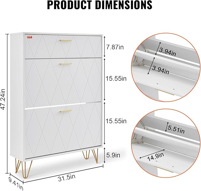 VEVOR Shoe Cabinet with 2 Flip Drawers, Modern Shoes Storage Cabinet with Storage Drawer and Anti-Tipping Device, Freestanding Shoe Organizer Ideas for Entryway, Hallway, Bedroom, Living Room, White