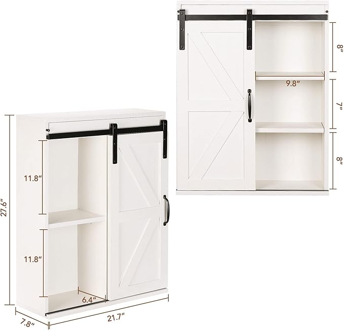 RUSTOWN Farmhouse Wood Wall Storage Bathroom Cabinet with Sliding Barn Door, Rustic Medicine Cabinet with Adjustable Shelf, 3-Tier Vintage Cabinet for Kitchen, Bathroom, Living Room (Vintage White)