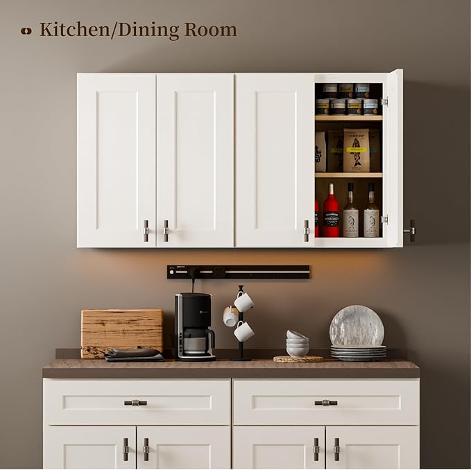 Kisart Laundry Room Cabinets Wall Mounted with Doors & Shelves, Solid Wood RTA Medicine Storage Cabinet, 30Wx30Hx12D Inch White Shaker Hanging Cupboard, Space-Saving for Kitchen, Bathroom, Garage