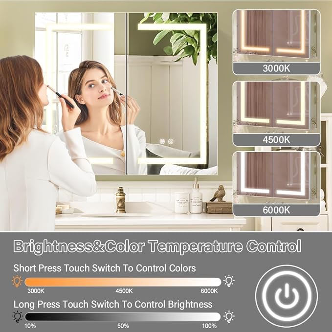 36×32inch Medicine Cabinet with Light,3 Colors&Dimmer,Defogger,USB Shaver Socket,Internal Lighting,Recess Mount&Surface Mount