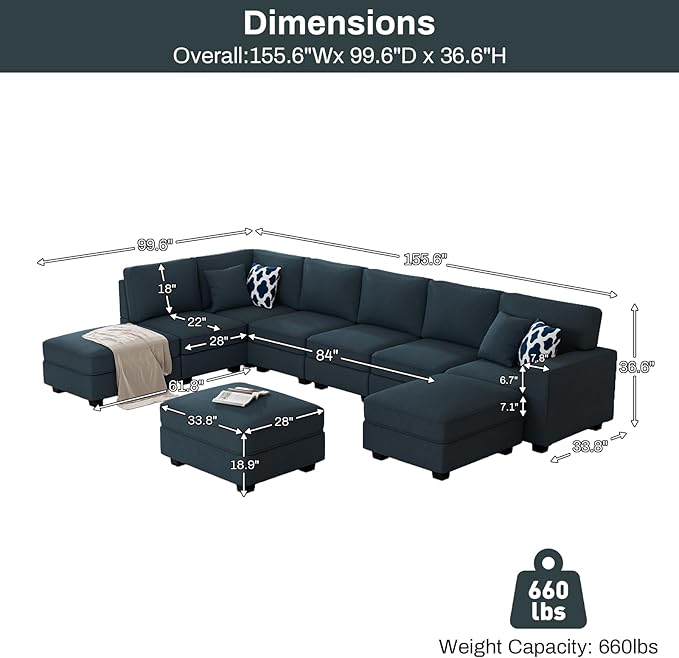 Legend Vansen Oversized Modular Sectional Sofa,U/L‑Shaped Reversible Couch with Ottoman,Deep Seat Plush Polyester Sofa for Living Room,9‑Seater,Charcoal