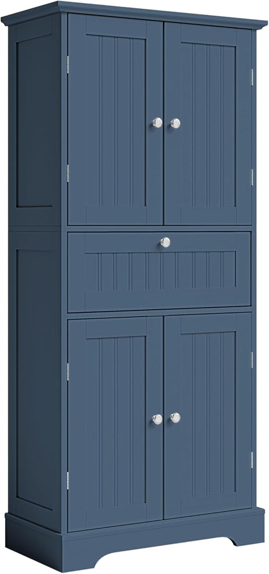 ChooChoo 51" H Tall Bathroom Floor Cabinet, Modern Bathroom Storage Cabinet with Drawer and Adjustable Shelves, Freestanding Kitchen Pantry Cupboard with 4 Doors for Living Room, Blue