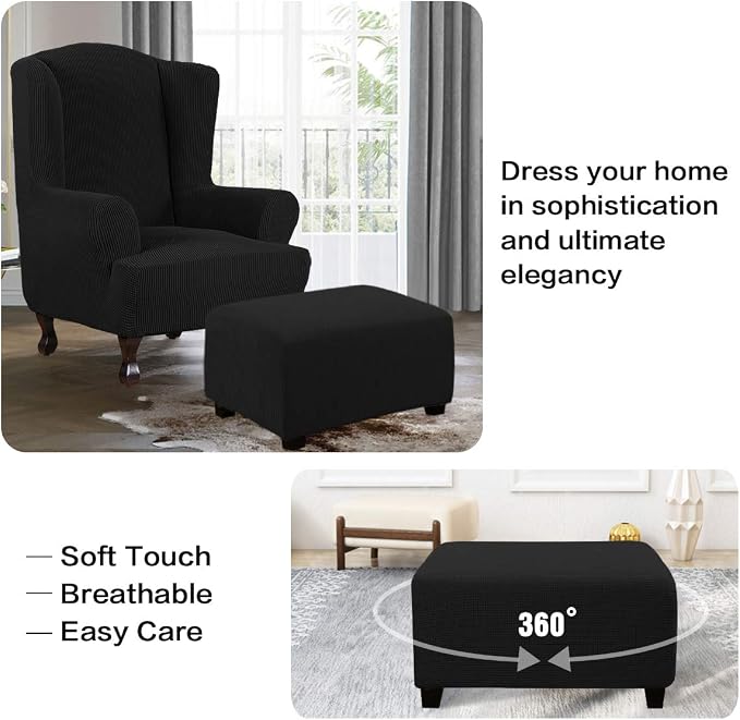 H.VERSAILTEX Ottoman Cover Slipcover Rectangle Fit Length 29"-34" Footrest Sofa Slipcovers Stool Cover Footstool Protector Covers Feature Stretch Thick Soft Jacquard Fabric Removable Washable - Black