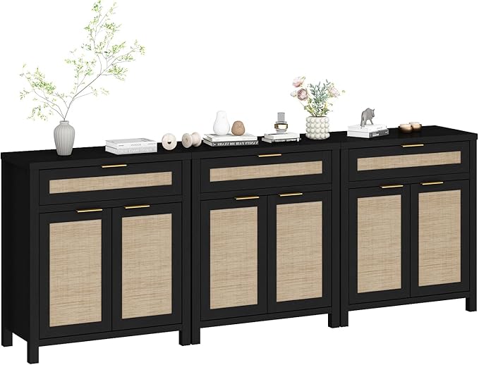 HOKYHOKY Rattan Sideboard Buffet Cabinet Set of 3, Boho Storage Cabinet with Adjustable Shelves, Farmhouse Credenza Coffee Bar Table with Doors & Drawer for Living Room, Hallway & Kitchen, Black